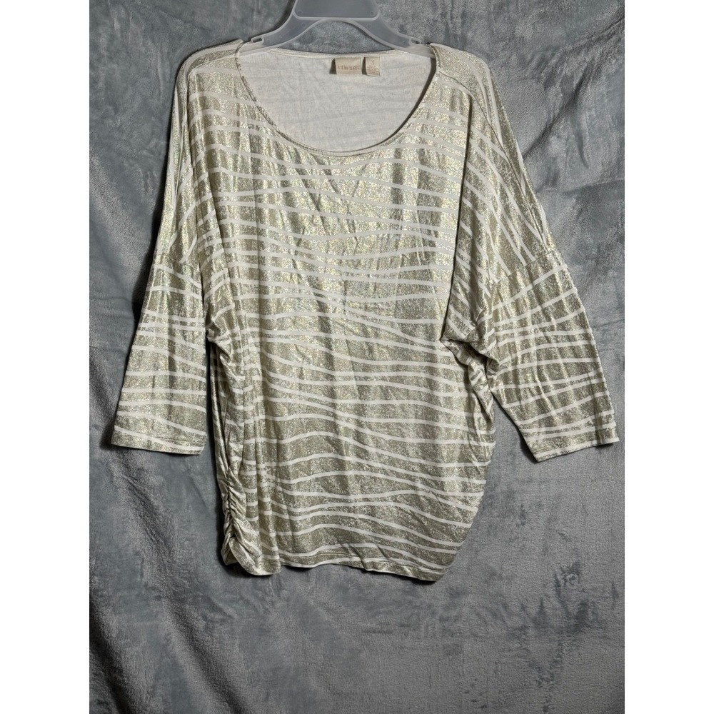 Chicos Gold top metallic gold White Striped Ruched Sleeve Dolman Knit Top Size 3
